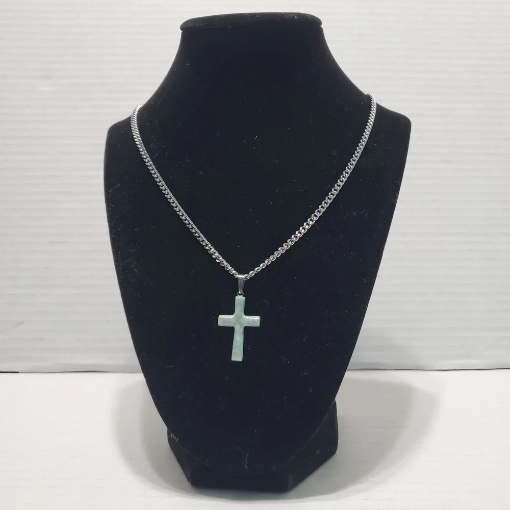 Jade‎ Cross Pendant Natural Rough Green Stainless Steel Chain 925 Pendant